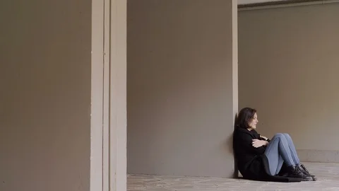 Desperate sad lonely woman crying sitting on ground. Heart broken, crisis Stock Footage 120510853