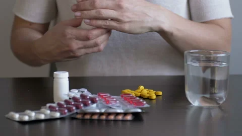 Desperate woman attempts to commit suicide with pills. When provoking suicide Stock Footage 127500825