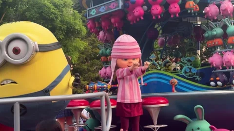 Despicable me characters on decorative float during amusement theme park. Stock Footage 338987985