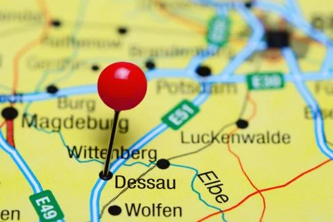 Dessau pinned on a map of Germany Foto stock
