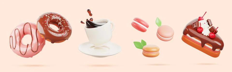 Dessert 3d set - slice of chocolate cake with cream and cherry, doughnut with Stock Illustration