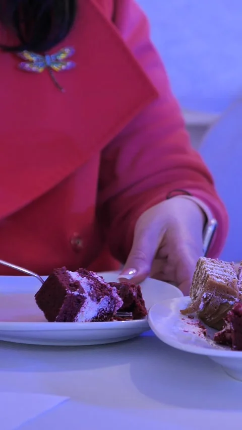 Dessert and cake tasting. Eating pastries. Stock Footage 336818286