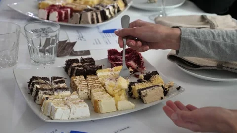 Dessert and cake tasting. Eating pastries. Stock Footage 336818287