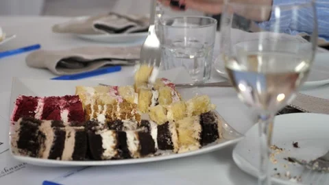 Dessert and cake tasting. Eating pastries. Stock Footage 337579817