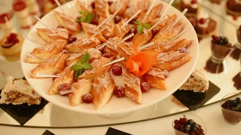 Dessert buffet pastries cakes biscuits catering buffet at holiday party, wedding Stock Footage