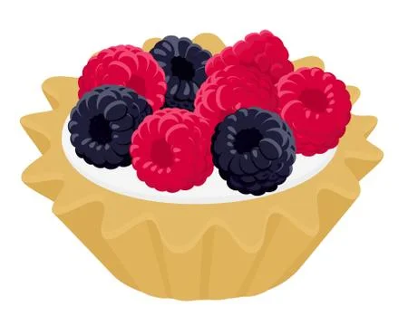 Dessert cake tartlet with cream, raspberry and blackberry. Vector illustration Stock Illustration