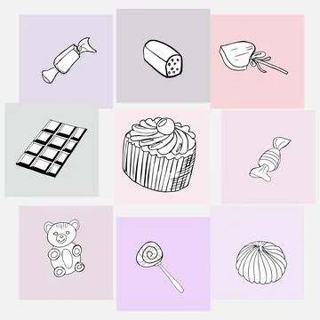 Dessert composition on multi-colored squares. Stock Illustration