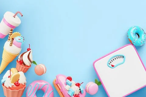 Dessert frame with scale on blue background render top view. Unhealthy diet and Illustrazione stock