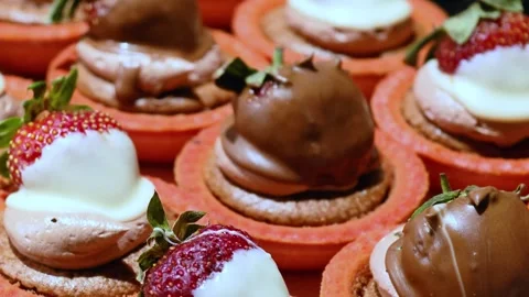 Dessert with fresh strawberries. Sweet background. Strawberry cake. Summer cake. Видео 337900580