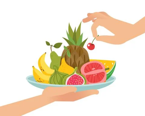 Dessert fruit serving. Organic fruits on plate, hand hold dish, juicy citrus Stock Illustration