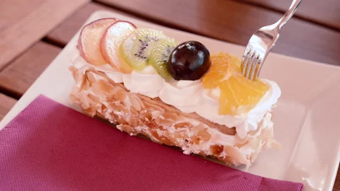 Dessert. Piece of cake with fruit. Close-up. Video stock 166866494
