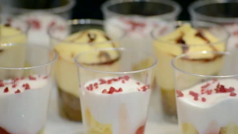 Dessert in plastic cups, delicious restaurant food, Видео 89853680