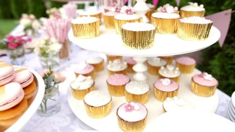 Dessert plates on a wedding reception table Stock Footage 80599398