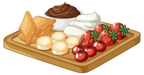 Dessert Platter with Fruit Crackers Chocolate Dip and Whipped Cream Stock Illustration