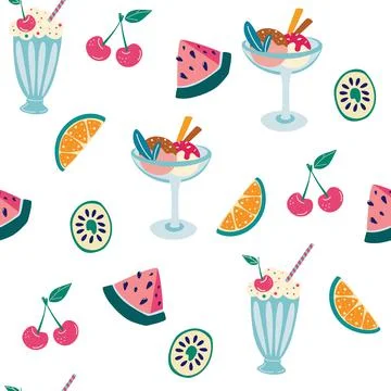 Dessert seamless pattern. Summer background. Cherry, ice cream, slice of wate 스톡 일러스트