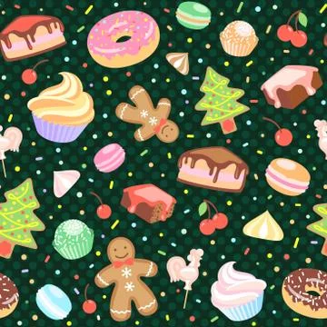 Dessert seamless vector pattern with Christmas elements. Stock Illustration