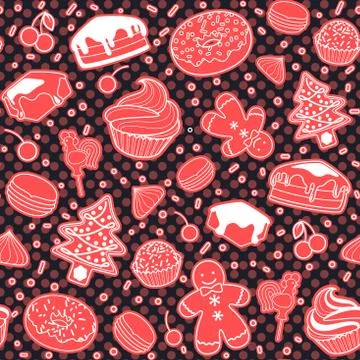 Dessert seamless vector pattern with Christmas elements. Line ar 스톡 일러스트