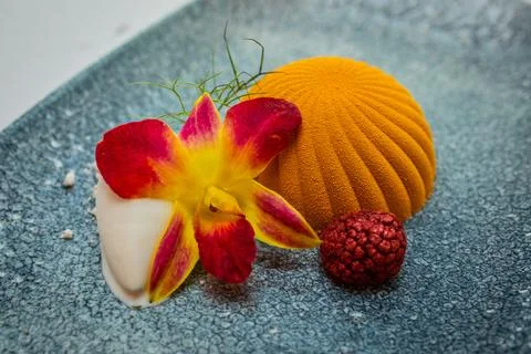 Dessert served on a sumptuous plate. Appetizing looking food. A gourmet restaura Stock Photos