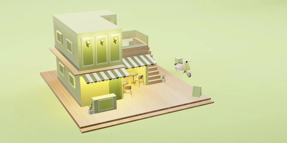 Dessert shop model coffee shop restaurant delivery service cartoon image 3D i Stock Illustration