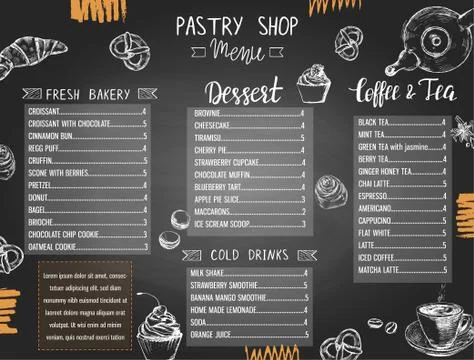Dessert shop or bakery menu template with hand drawn pastries Stock Illustration