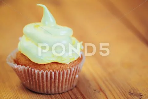 Dessert Sweet Gourmet Cupcake On Wooden Background Stock Photos