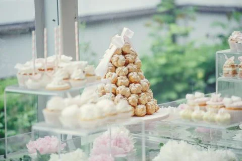 Dessert table. Dessert table for a wedding party. Stock Photos