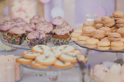 Dessert table for a wedding party. Biscuits decorated with lavanda flowers Stock Photos