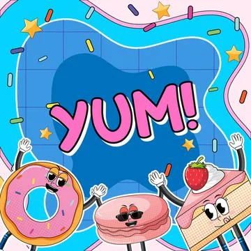 Dessert with Yum word expression comic style Stock Illustration