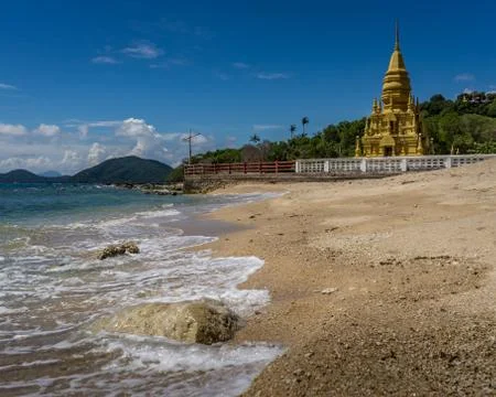 Desserted sunny sandy beach with Temple in Koh Samui island Thailand Stock Photos