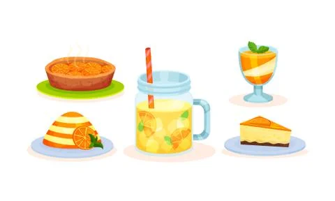 Desserts and drinks from orange. Vector illustration on a white background. Illustrazione stock