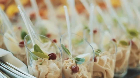 Desserts In Cups Decorated With Mint And Cherry. Stock-Footage 110756493