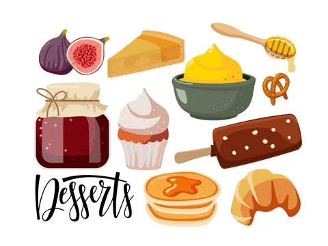 Desserts. Desserts text isolated. Different kinds of desserts. Ice cream Stock Illustration