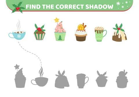 Desserts. Find the correct shadow. Shadow matching game. Christmas desserts Stock Illustration
