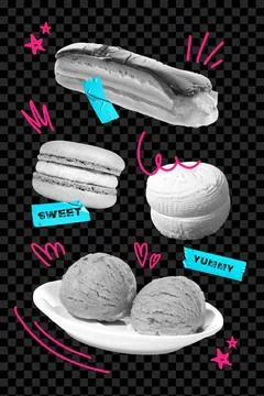 Desserts. Ice cream, eclair with chocolate, macaron and meringue dessert on dark Illustrazione stock