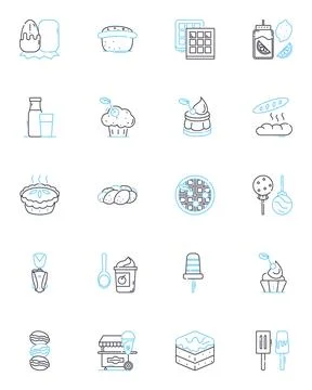 Desserts linear icons set. Cake, Brownies, Cookies, Ice cream, Pudding, Pie Stock Illustration