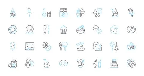 Desserts linear icons set. Cake, Brownies, Cookies, Ice cream, Pudding, Pie Stock Illustration