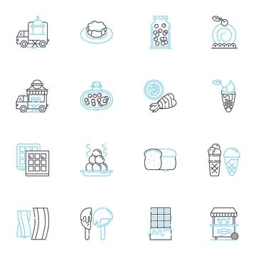 Desserts linear icons set. Cake, Brownies, Cookies, Ice cream, Pudding, Pie Stock Illustration