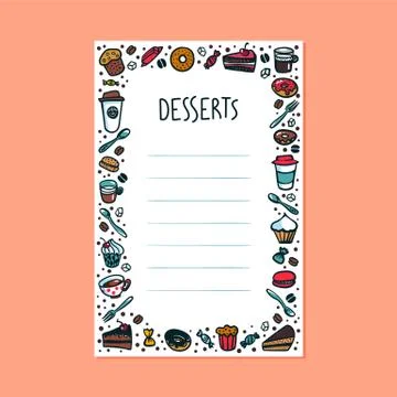 Desserts menu template. Colorful doodle style coffee cups, pastry and cakes Stock Illustration