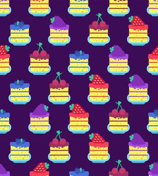 Desserts set pattern seamless. cake piece in plate background. Blueberries an Stock Illustration