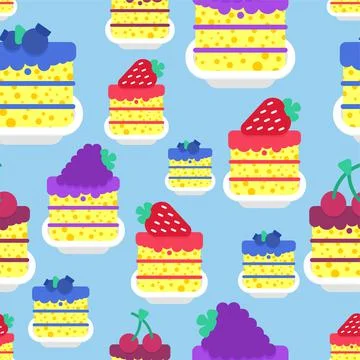 Desserts set pattern seamless. cake piece in plate background. Blueberries an Illustrazione stock