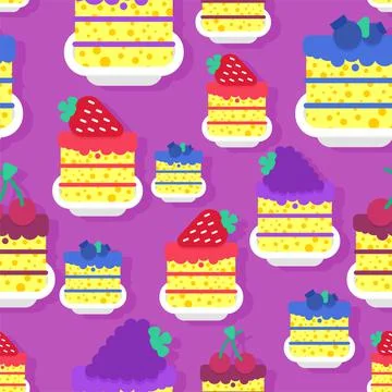 Desserts set pattern seamless. cake piece in plate background. Blueberries an Illustrazione stock
