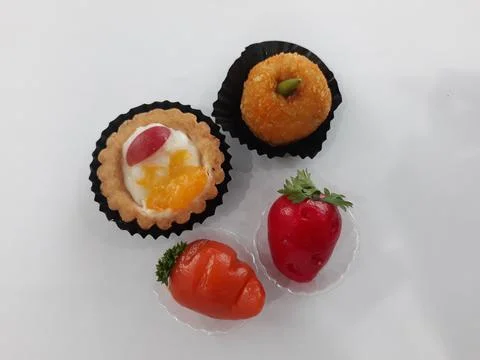 Desserts snack pie cake and red strawberry cake in white background. 写真素材