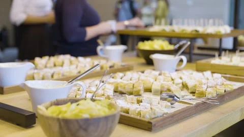 Desserts on a table at catering of at an event - closeup 스톡 동영상 246328244