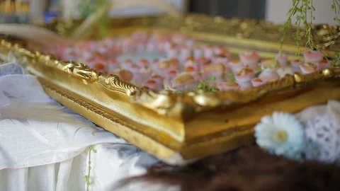 Desserts tray with golden frame Stock Footage 88439628
