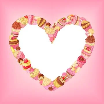 Desserts vector heart frame on pink background. St.Valentines Day decoration. Stock Illustration