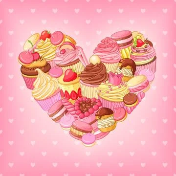 Desserts vector heart on pink background. St.Valentines Day decoration. Stock Illustration