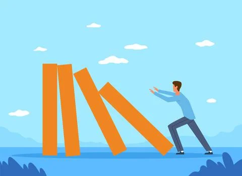 Destabilization. Provocation, domino effect, man pushing dominos, crisis in Stock Illustration