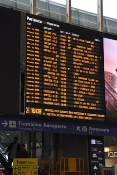 The destination display screen in the Central Railway Station, Rome, Italy Stock Photos