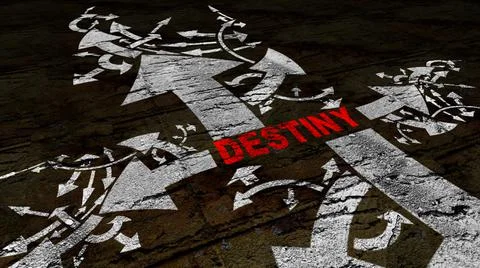 Destiny text on a crossroad in different ways of arrows on grunge background イラスト素材