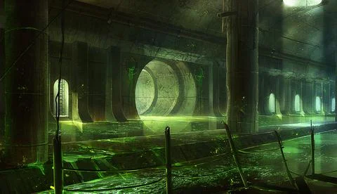 Destroyed abandoned interior view in sewer system underground Stock Illustration